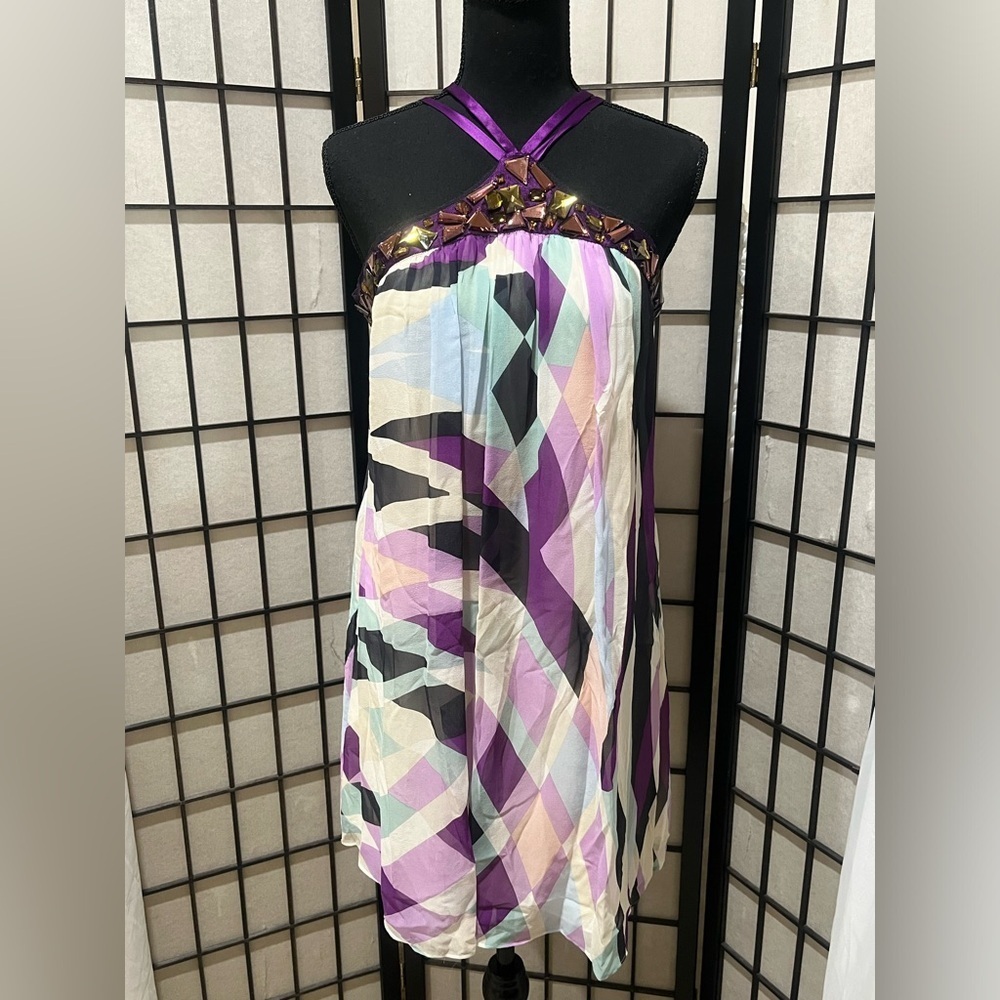 BCBGMaxAzria Cream ORCHID Silk GEOMETRIC PRINT MINI HALTER DRESS SIZE 8